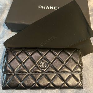 Chanel Black Quilted Lambskin Leather Long Flap Wallet Authentic